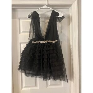 Rubiela Miguel Black Tulle Dress‎ Ruffle Embellished Party Cocktail